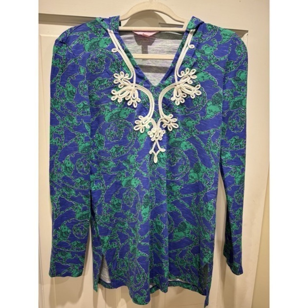 Lilly‎ Pulitzer noelle tunic hoodie blue green loopy elephants Size  XS